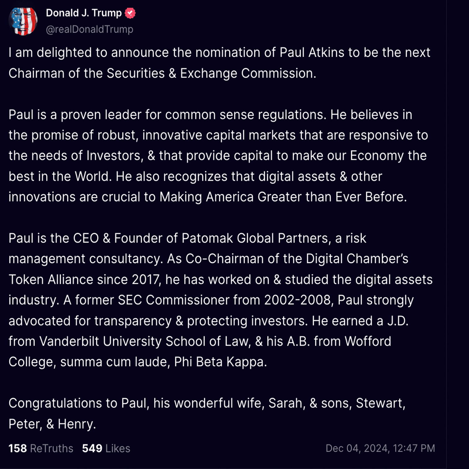 新SEC委員長指名への歓迎ムード：ポール・アトキンス氏｜だうじょん