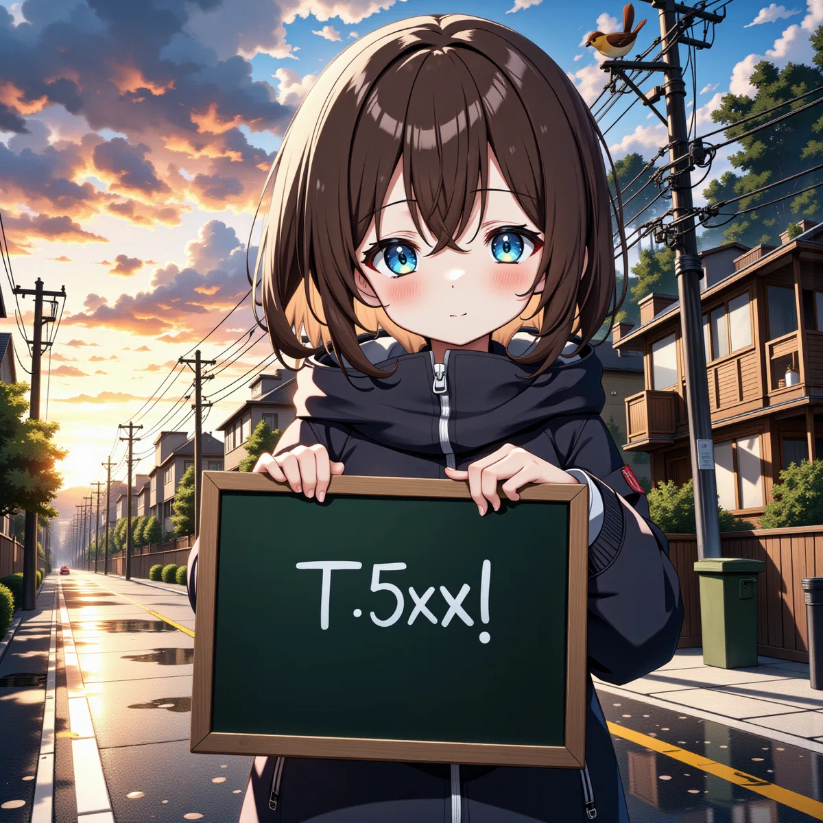 T5xxlと書かれた黒板を持った女の子のアニメイラスト