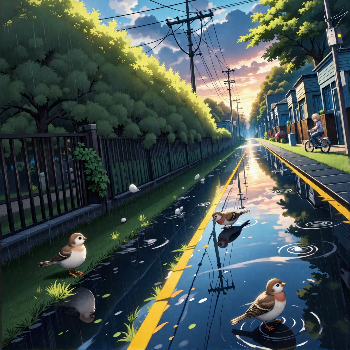 雨上がりの道路の上にスズメがいるアニメイラスト