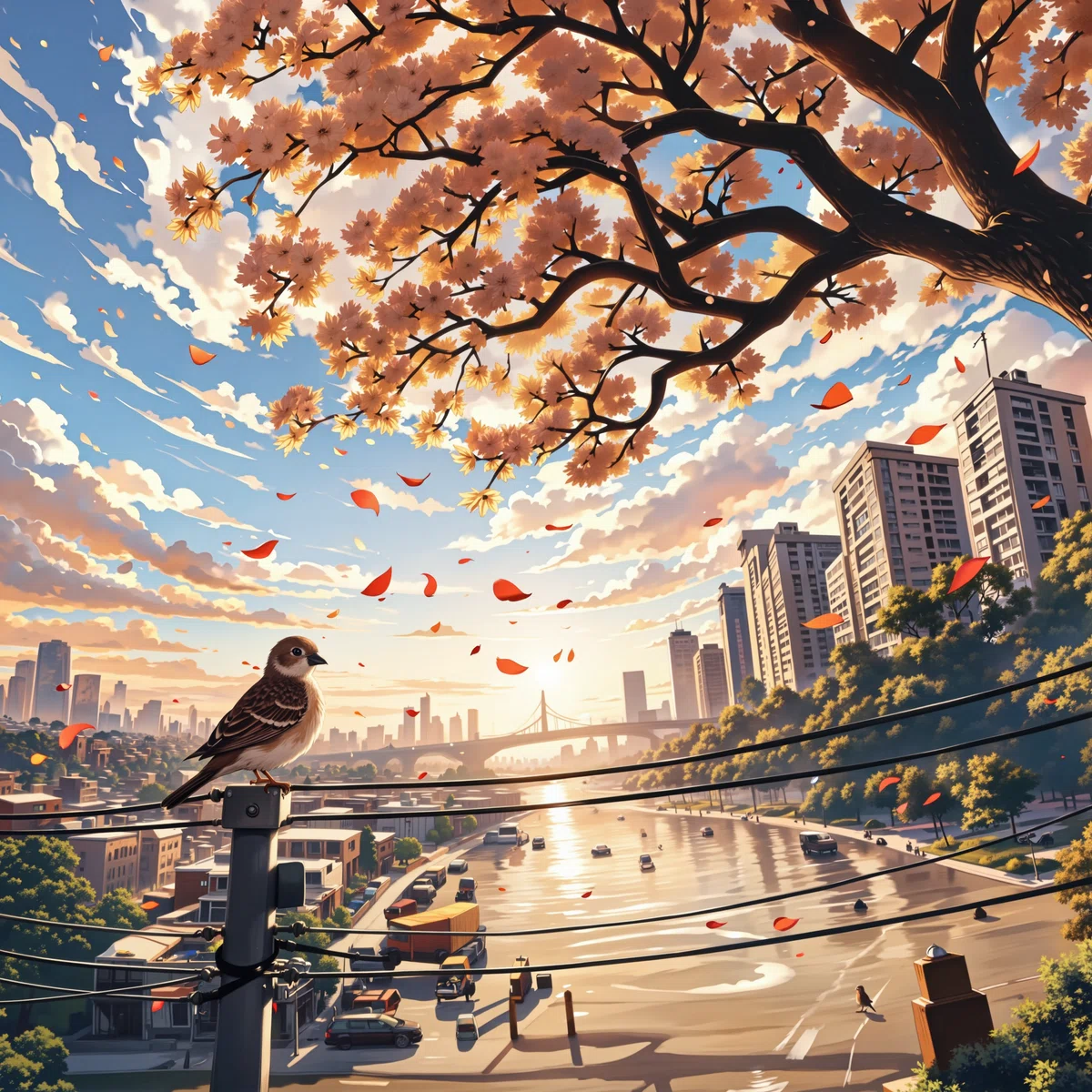スズメが電線の上にとまっているアニメイラスト