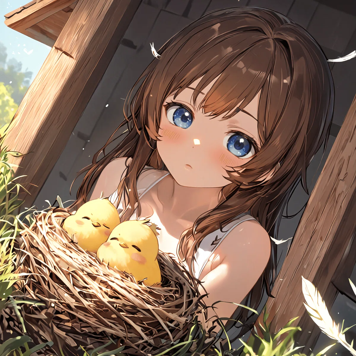 女の子が鳥の巣の中を覗き込んでいるアニメイラスト