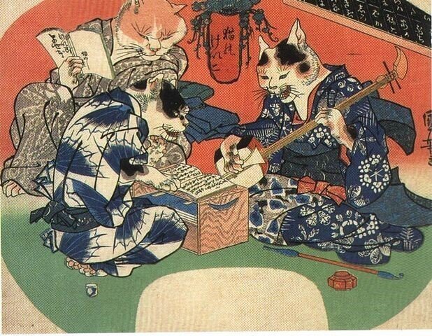 歌川国貞　版上落款印譜『思事鏡写絵（ねこ）』手刷木版画 昭和期 戦後 0310K 歌川国貞 版上落款印譜『思事鏡写絵（ねこ）』手刷木版画 昭和期