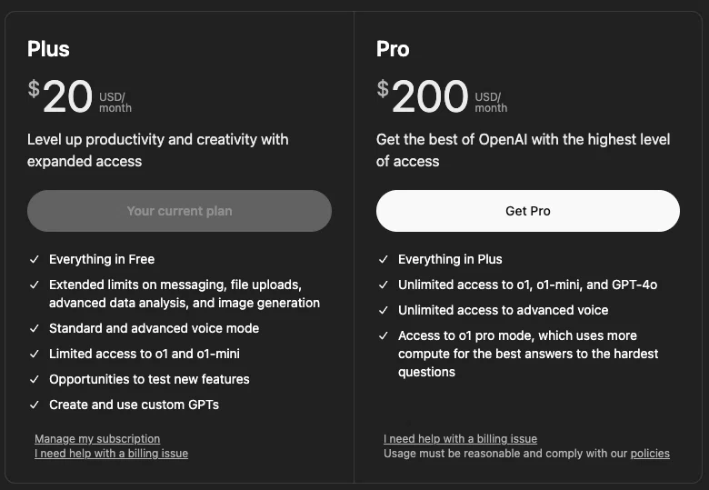 ChatGPT Proは、OpenAIの最先端AIモデルを最大限に活用できる月額200ドルのサブスクリプションプランです。o1への無制限アクセスに加え、o1-mini、GPT-4o、Advanced Voiceも利用可能です。