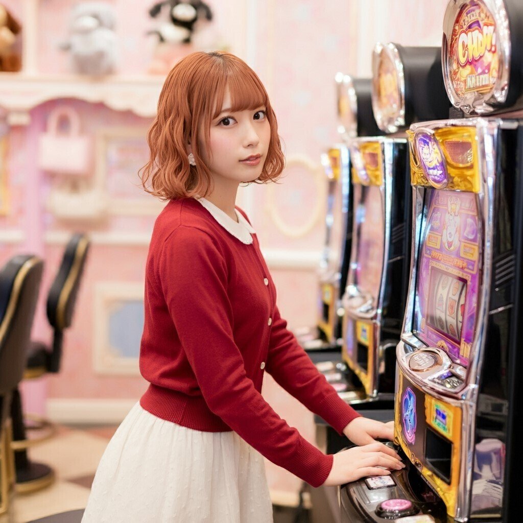 カジノ de 赤いカーディガン、スロット @Copilot & ImageFX＋プロンプト｜茜町春彦 スロットマシン クイーン