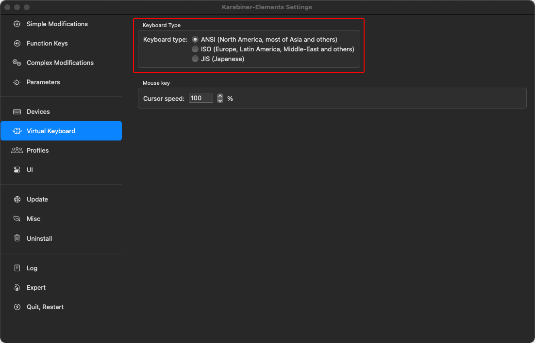 Karabiner-Elements の設定画面で、"Virtual Keyboard" タブが選択され、"Keyboard Type" の設定(ANSI、ISO、JIS の選択肢)が赤枠で強調されています。