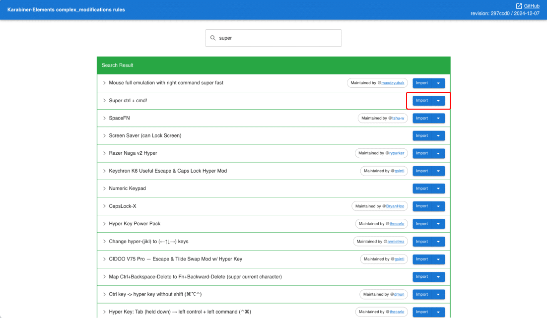 Karabiner-Elements の複雑な修飾キー設定のルールリストを表示したウェブページで、"Super ctrl + cmd!" の横にある "Import" ボタンが赤枠で強調されています。