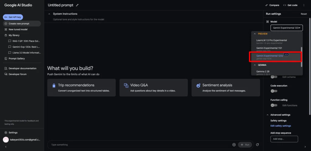 Gemini-exp-1206を使用するには、まずGoogle AI Studioにアクセスし、Googleアカウントでログインします。次に、「プロンプトを作成」を選択し、設定画面からモデルを「Gemini Experimental 1206」に変更します。設定が完了したら、チャット画面でGemini-exp-1206と対話することができます。