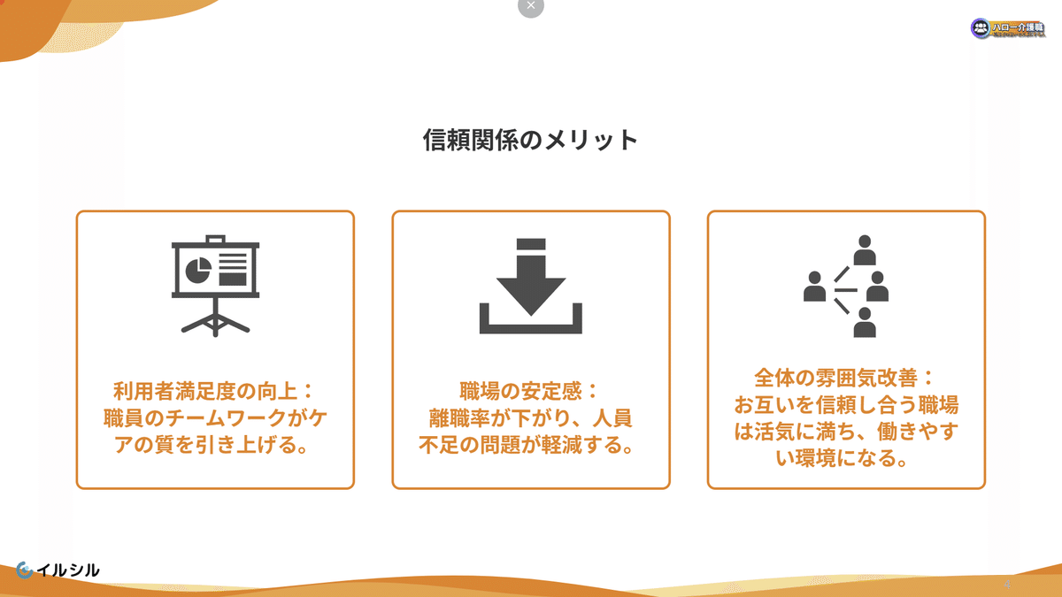 信頼関係のメリット

利用者満足度の向上：職員のチームワークがケアの質を引き上げる。

職場の安定感：離職率が下がり、人員不足の問題が軽減する。

全体の雰囲気改善：お互いを信頼し合う職場は活気に満ち、働きやすい環境になる。