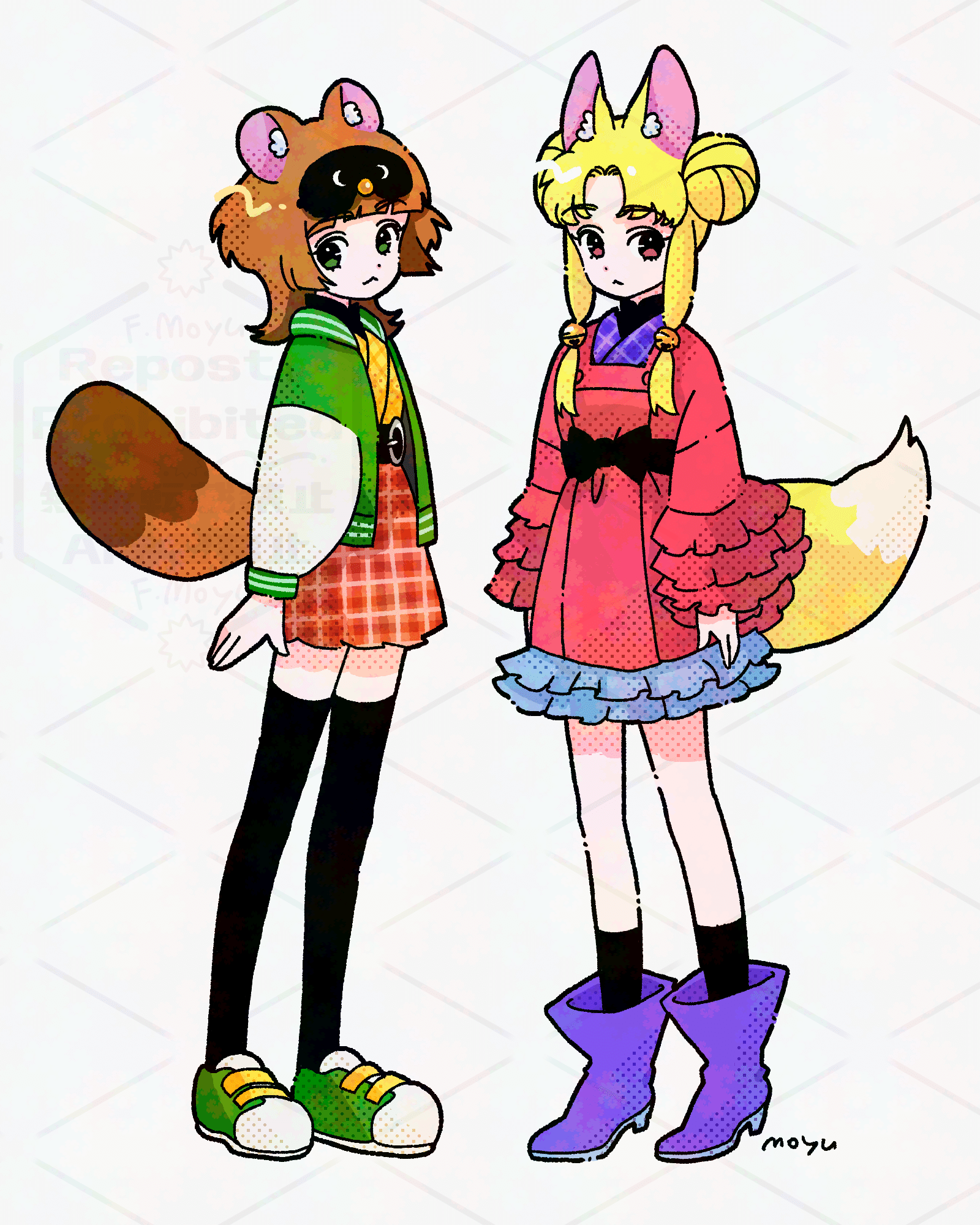 手描きイラスト ミニ色紙 少年 ウンピョウ/狐っ娘 オリジナル 手描き