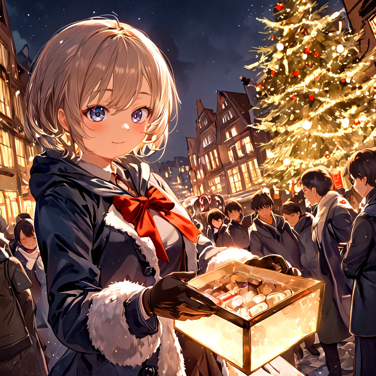 シャンパンゴールドのクリスマスイルミネーションの遊園地で女の子がプレゼントを配っているアニメイラスト