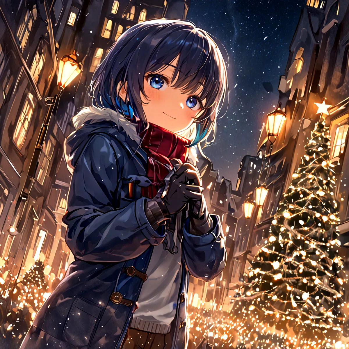 シャンパンゴールドのクリスマスイルミネーションの遊園地で黒いコートを着た女の子がこちらを見て微笑んでいるアニメイラスト