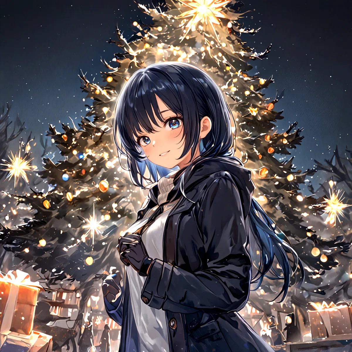 シャンパンゴールドのクリスマスイルミネーションの遊園地で黒いコートを着た少し大人の女性が横目でこちらを見て微笑んでいるアニメイラスト