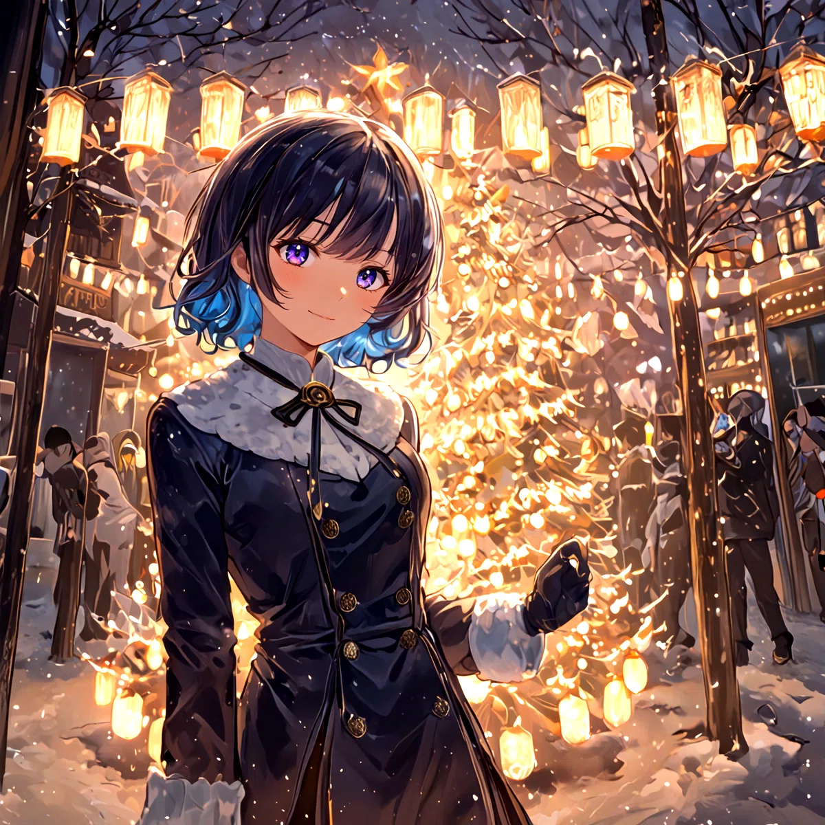 シャンパンゴールドのクリスマスイルミネーションの遊園地で黒いコートを着た少し大人の女性がこちらを見て微笑んでいるアニメイラスト