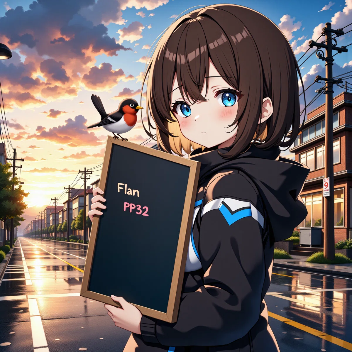 Flan PP32 と書かれた黒板を持った女の子のアニメイラスト3