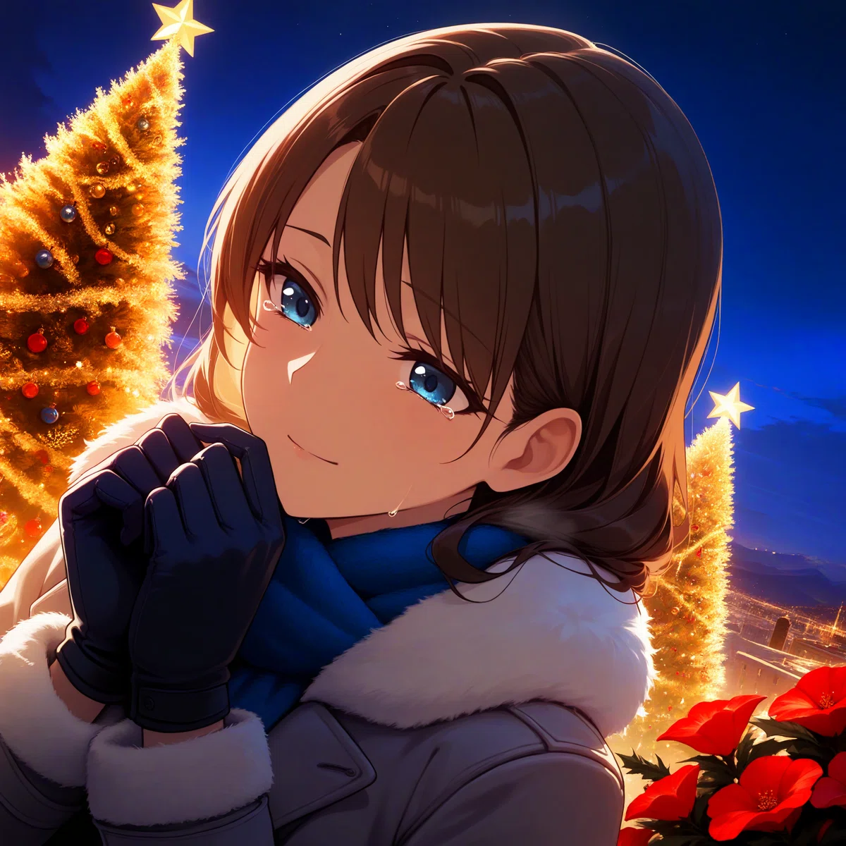 シャンパンゴールドのクリスマスイルミネーションの遊園地で黒い手袋をした少し大人の女性が少し涙で微笑んでいるアニメイラスト、色彩が鮮やか
