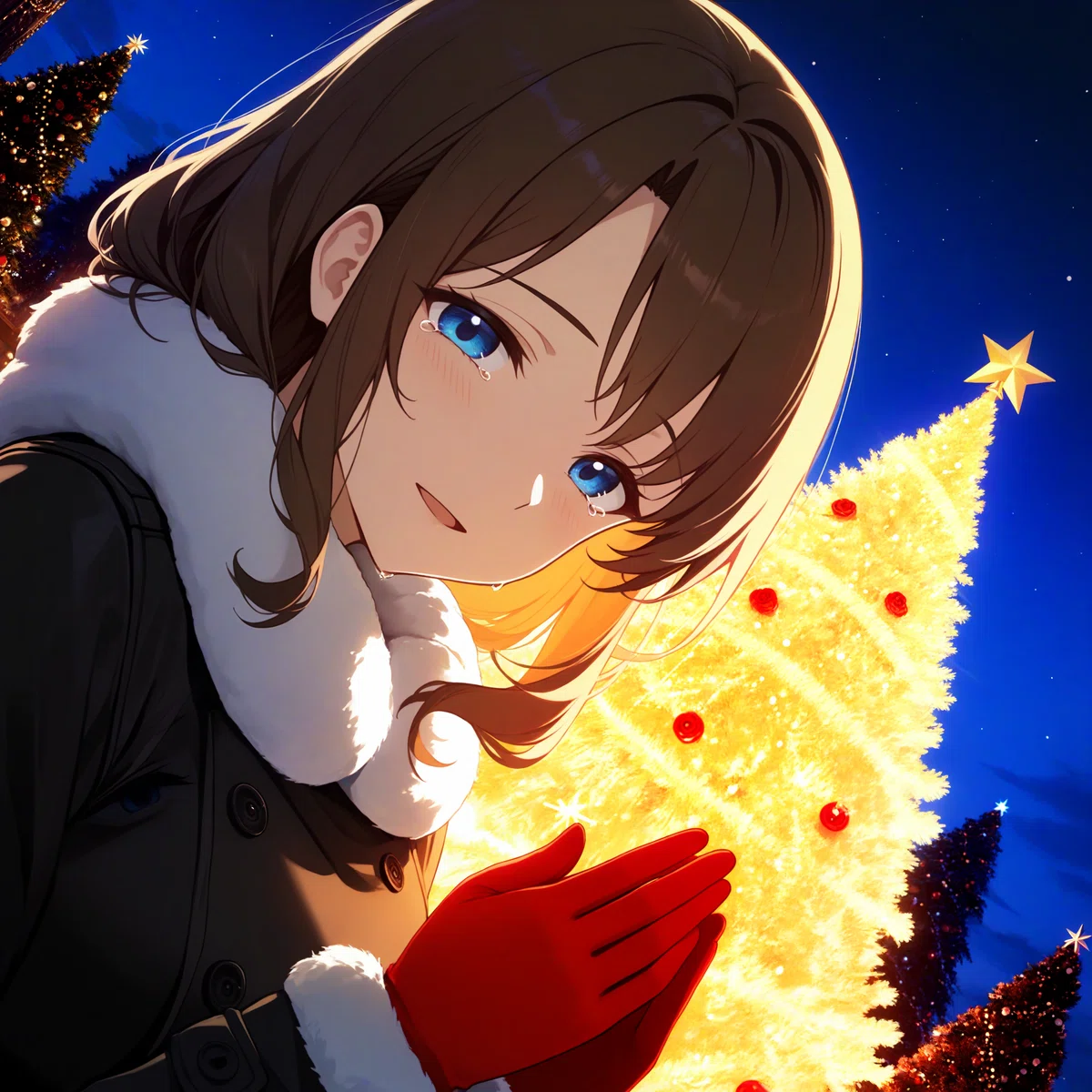 シャンパンゴールドのクリスマスイルミネーションの遊園地で黒い手袋をした少し大人の女性が少し涙で微笑んでいるアニメイラスト、色彩が鮮やかで明るい