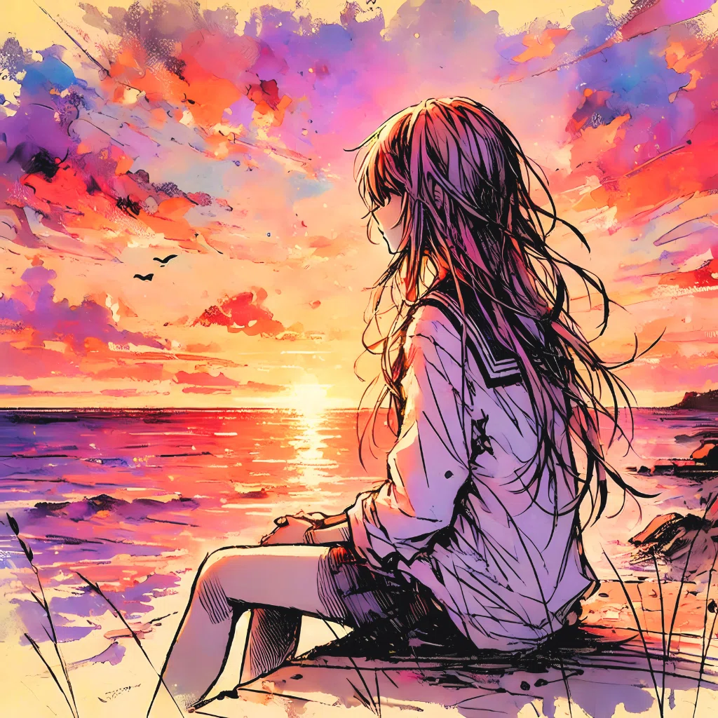 沈む夕日、たそがれる背中｜Alpaka