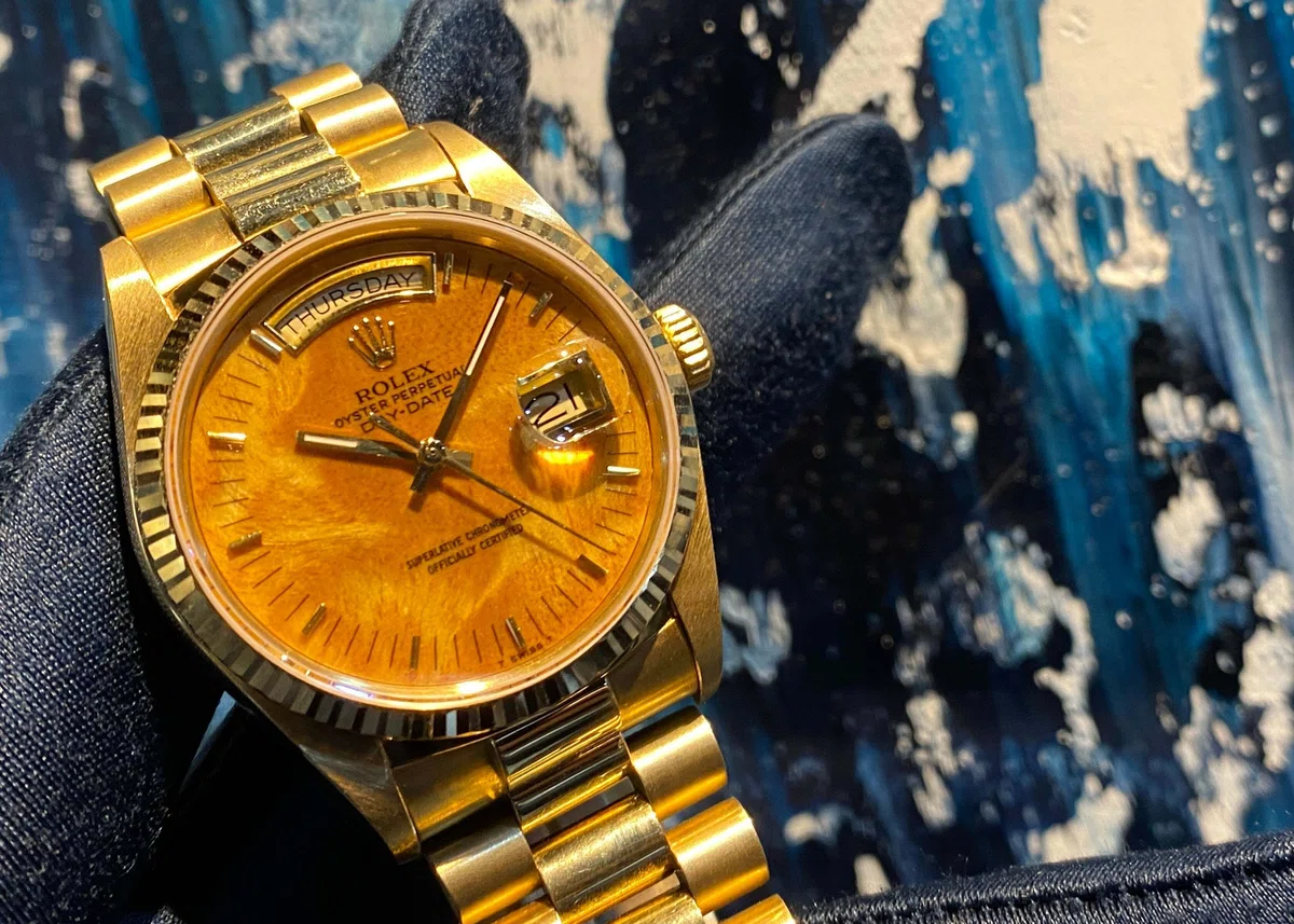 Wodd Color Code Birch Wood Vintage Day-Date 18038 1985 Excellent Condition|金子 剛