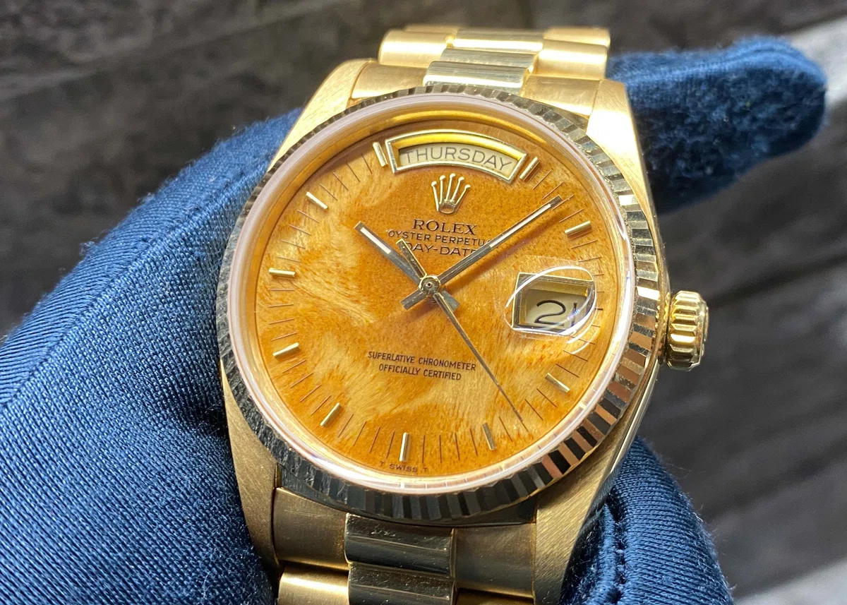 Wodd Color Code Birch Wood Vintage Day-Date 18038 1985 Excellent Condition|金子 剛