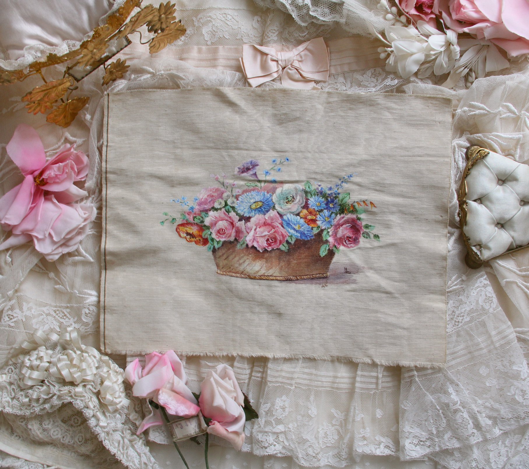 アンティーク シルク製 シルクシフォン 淡いピンクの薔薇 ロココ