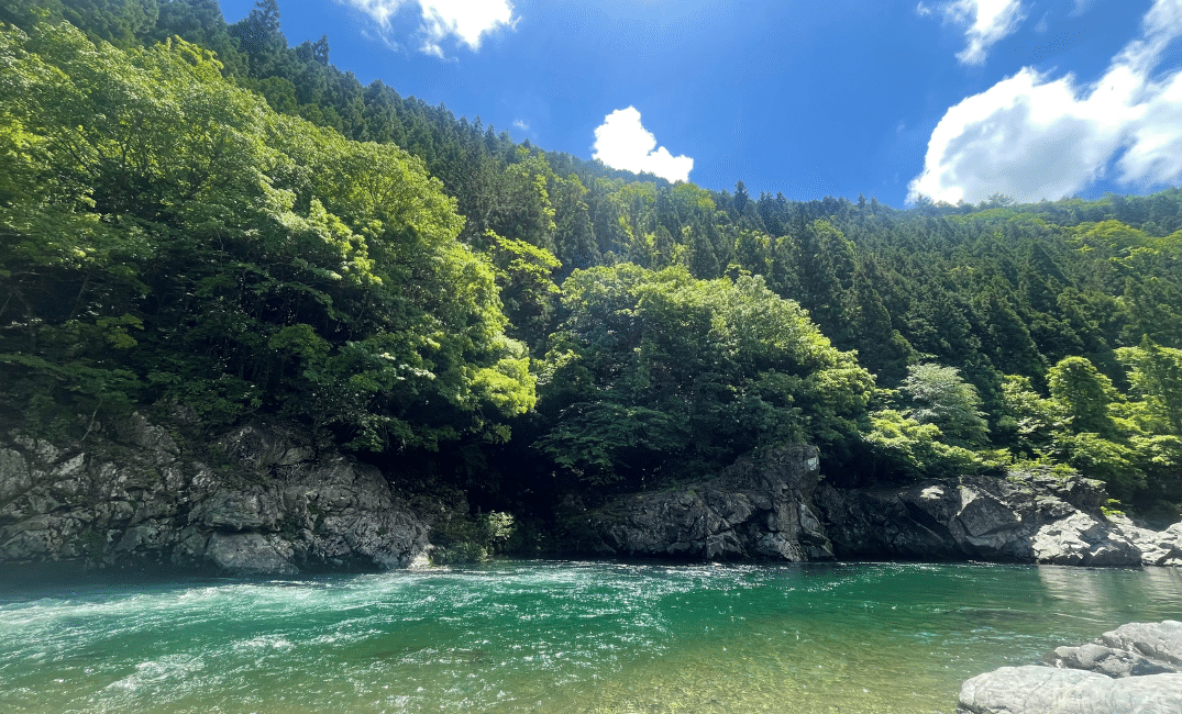 青い空と緑、澄んだ川が彩る板取の風景