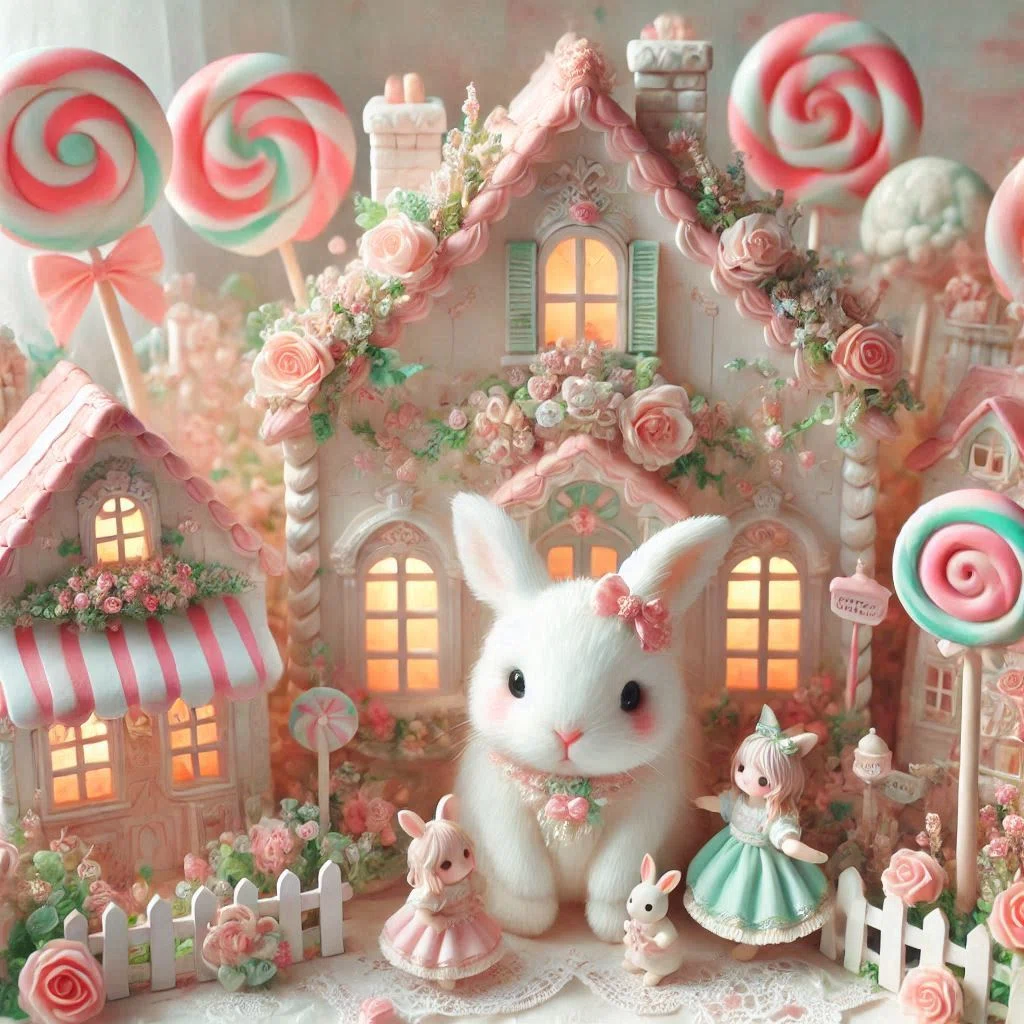 ハンドメイドぬいぐるみ うさぎちゃん ai.house AIイラスト)うさぎとお菓子の家その他🏠🐰｜空風 ふわふわ AIイラスト