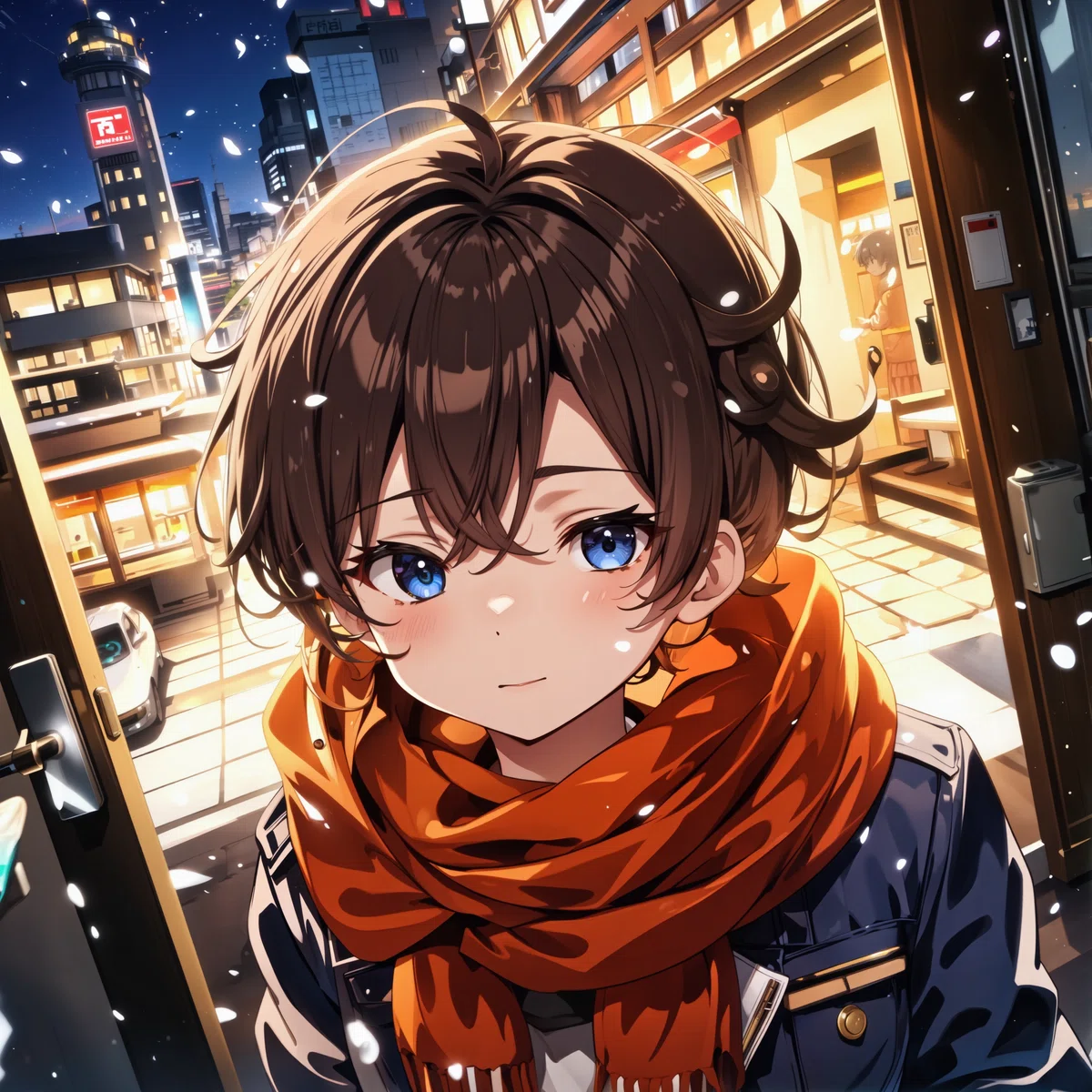 雪の降る夜、窓の外を眺める防寒着姿の少年と、その背景にビルが映っているアニメイラスト
