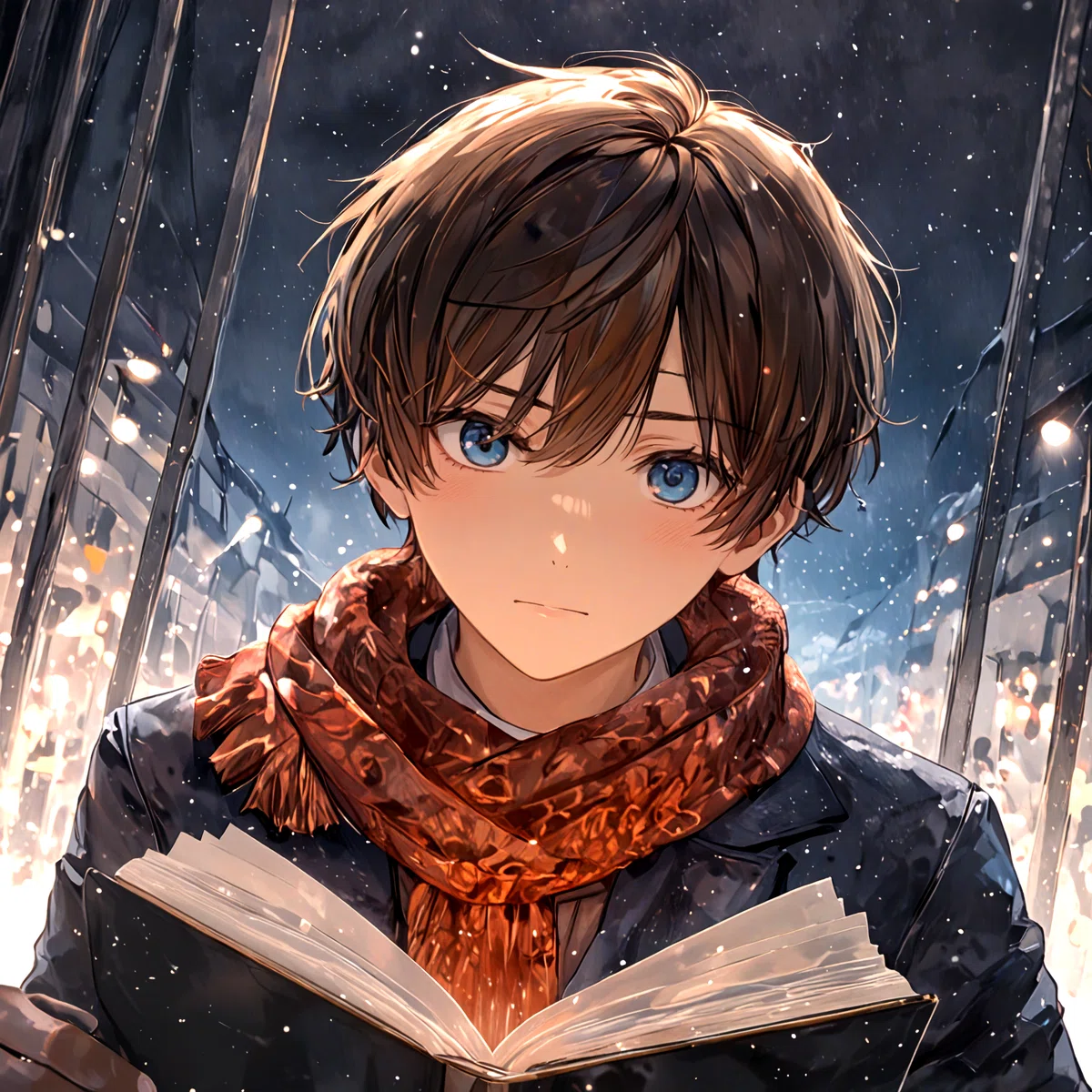 マフラーを首に巻き、本を読んでいる子供のアニメ・イラスト。背景には雪が降り、青い目の向こうに遠くの明かりが見えている