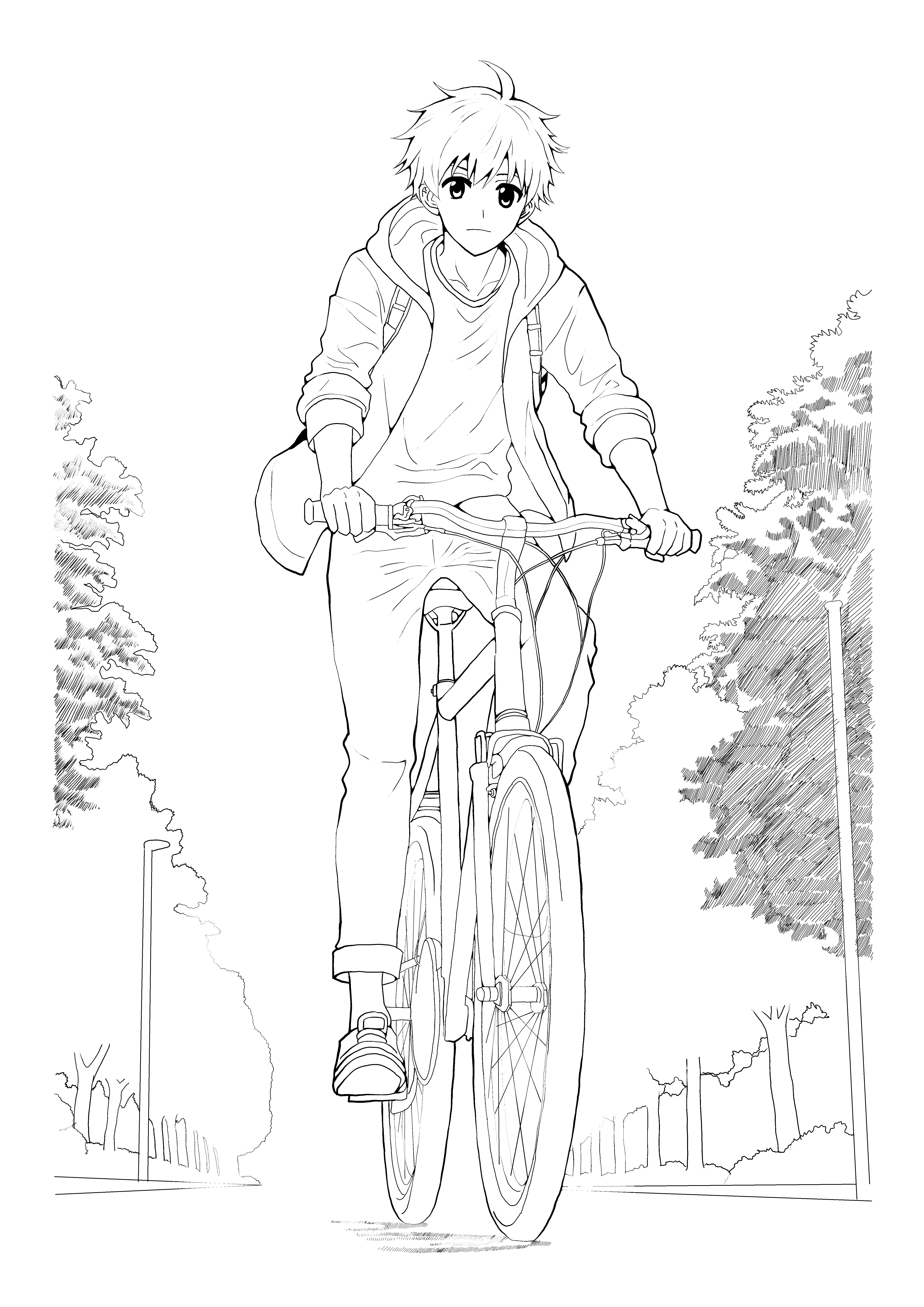 ♯29 自転車に乗る男の子の絵｜にゃおりん｜線画イラスト練習中