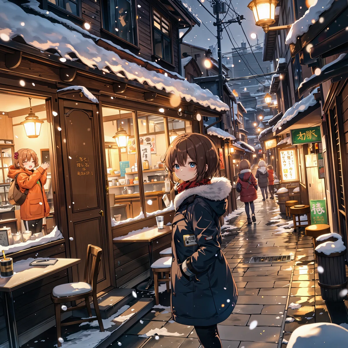 雪の降る夜の街で茶色い髪で青い瞳の女性がこちらを振り向いているアニメイラスト