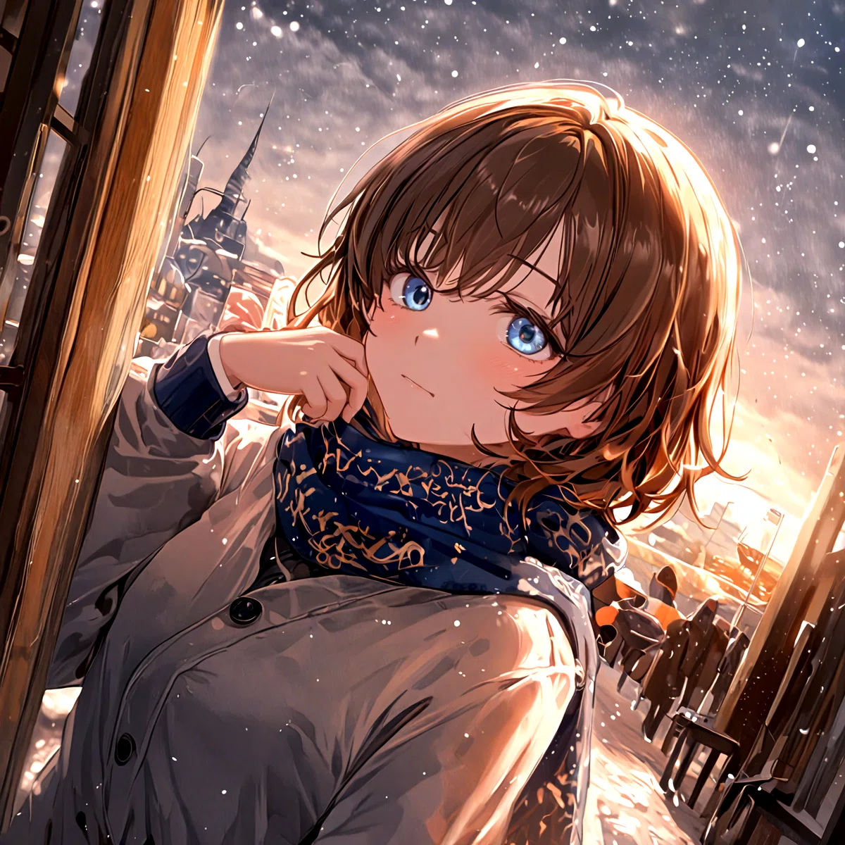 茶髪で青い瞳のマフラーをした女性の何気ない表情をとらえたアニメイラスト