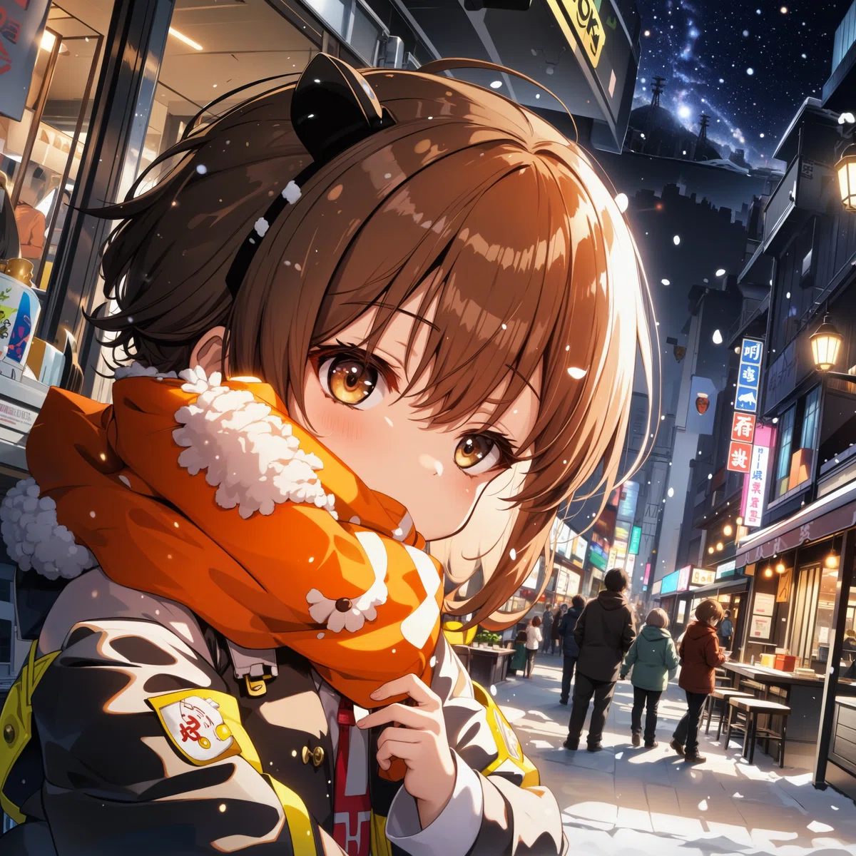 雪の降る都会の夜に茶髪でオレンジ色のマフラーをした子供がこちらを見ているアニメイラスト