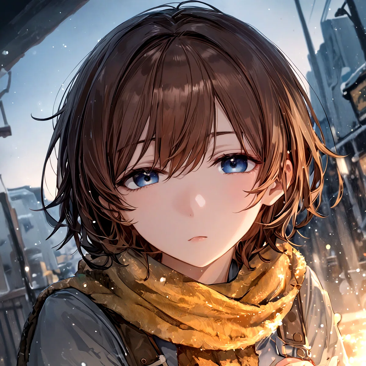 茶髪で青い瞳のマフラーをした女性が無表情な目でこちらを見ているアニメイラスト