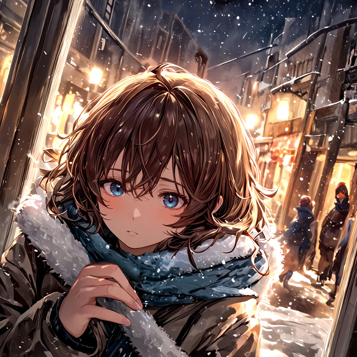 雪の降る町の夜に茶髪で青い瞳の女性が息で手を温めているアニメイラスト
