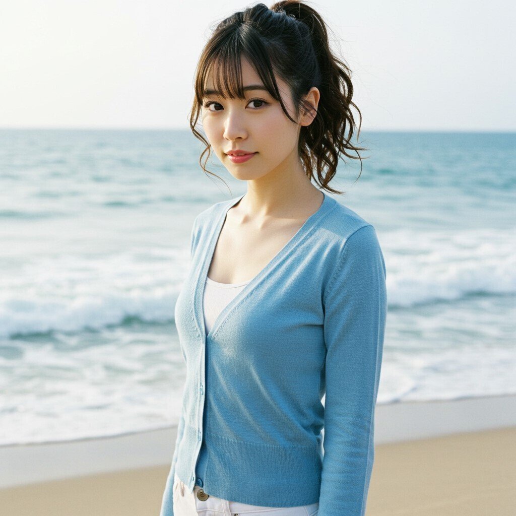 青いカーディガン de 海岸、波 @Image Creator & ImageFX＋プロンプト