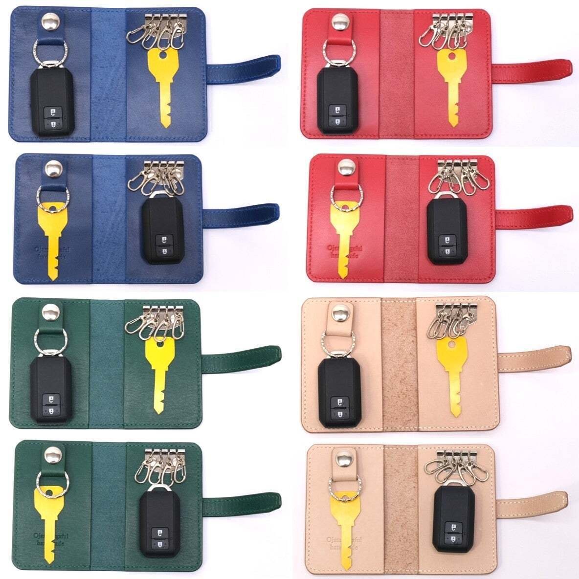 レザークラフト作品375～キーケース2つ折り4色【青・赤・緑