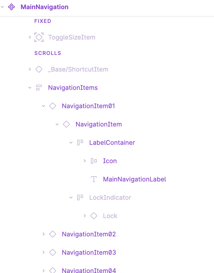 MainNavigationコンポーネントを例に、すべてのレイヤー名にNavigationのものであることが分かる命名がされている図