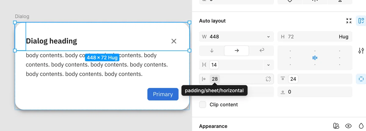 ダイアログ状のコンポーネントがデタッチされているが、プロパティパネルではpadding/sheet/horizontalというトークンが有効である事が分かる。