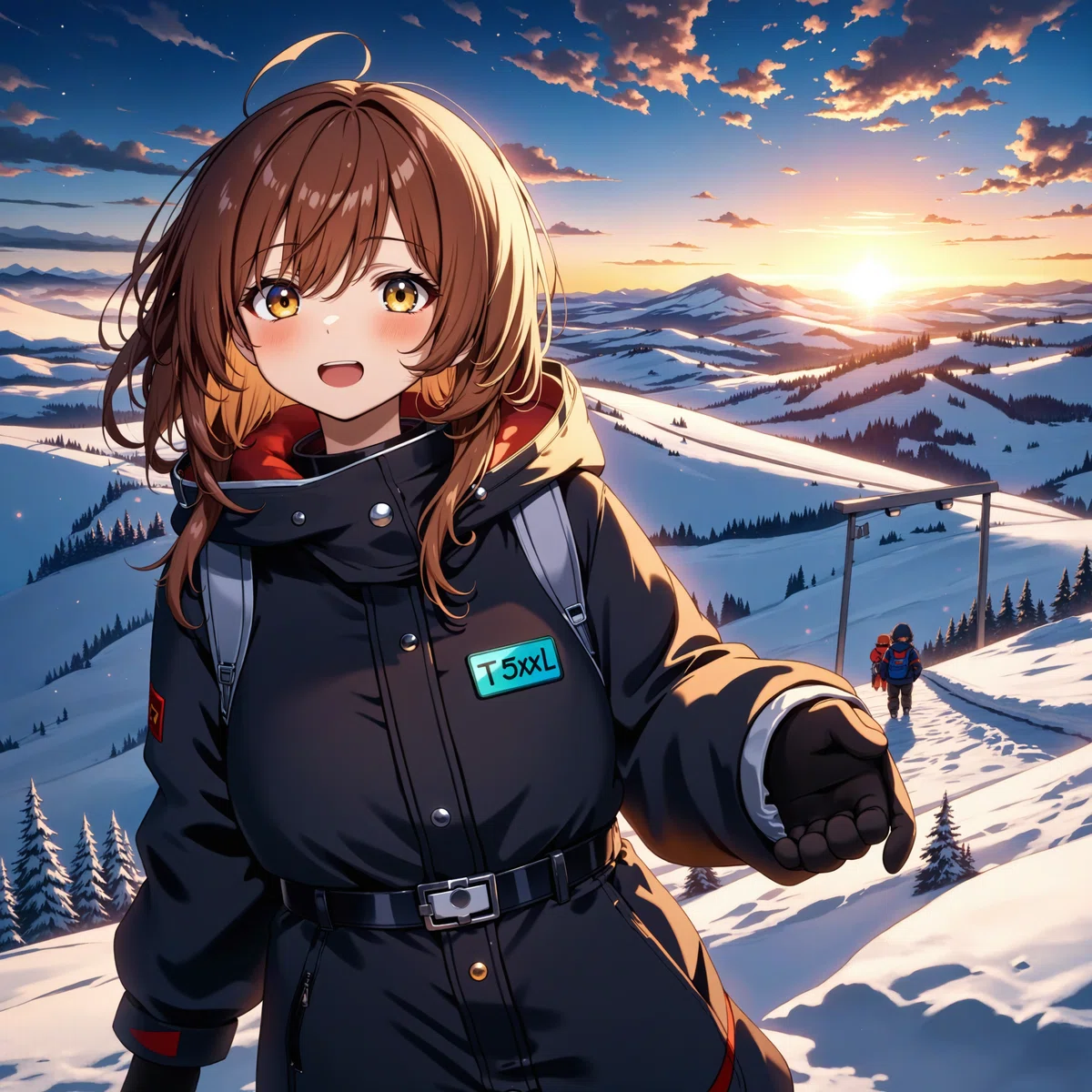 Anime illustration of a girl with brown hair and blue eyes looking at you with a smile on a ski slope at sunset