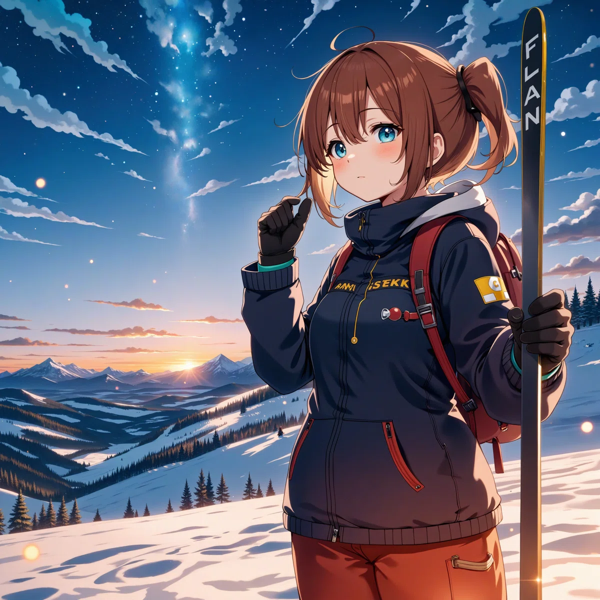 Anime illustration of a girl with brown hair and blue eyes holding a ski board with the word “Flan” written on it, looking surprised at a ski slope at sunset