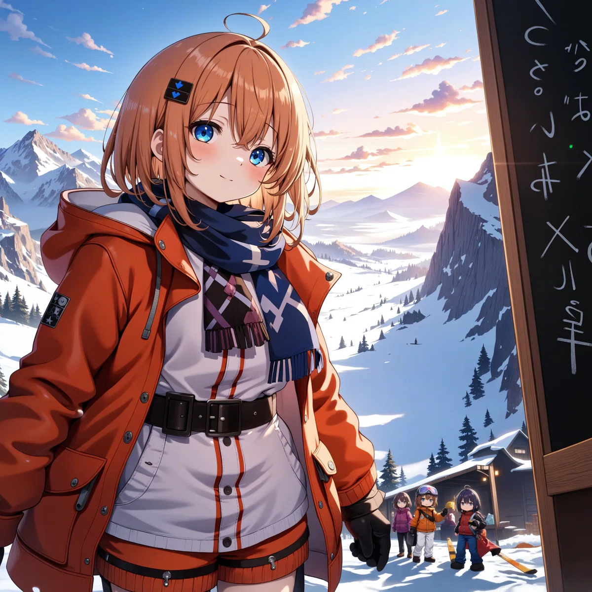 Anime illustration of a girl with orange hair and blue eyes smiling and looking at you with her friends in front of a snowy cabin