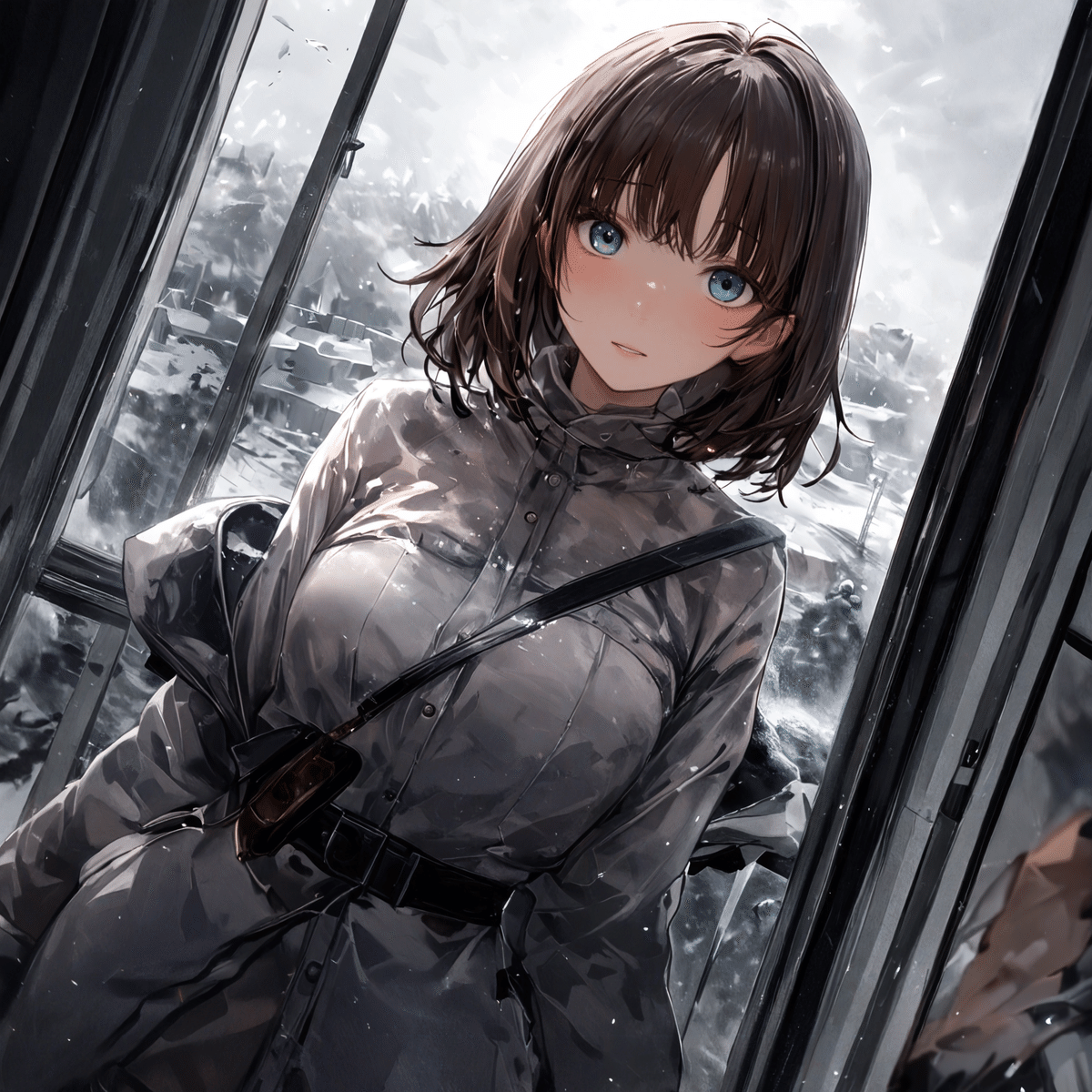 外に白く雪の積もった町を背景にグレーの服を着た黒髪で青い瞳の女性がこちらを見ているアニメイラスト