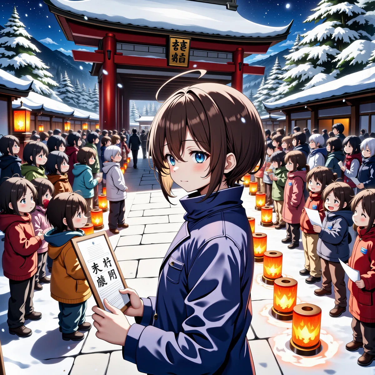 Animated illustration of a woman with brown hair and blue eyes visiting a shrine with an omochidashi in front of many children FP16 format