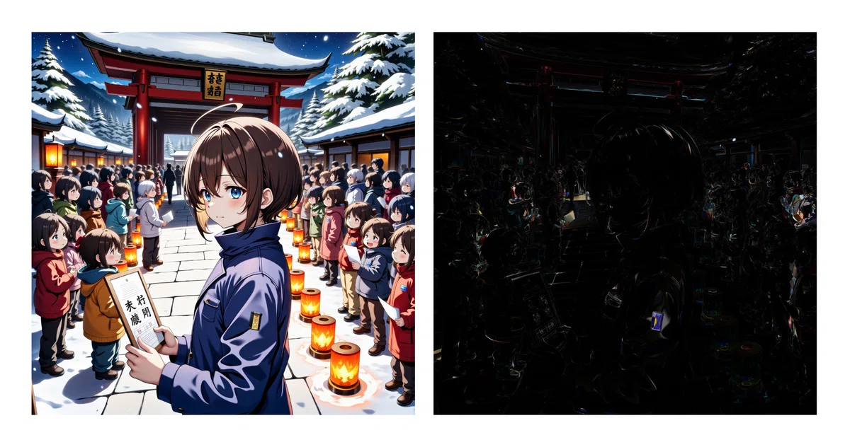 Animated illustration of a woman with brown hair and blue eyes visiting a shrine with an omochidashi in front of many children Q8_0.gguf format