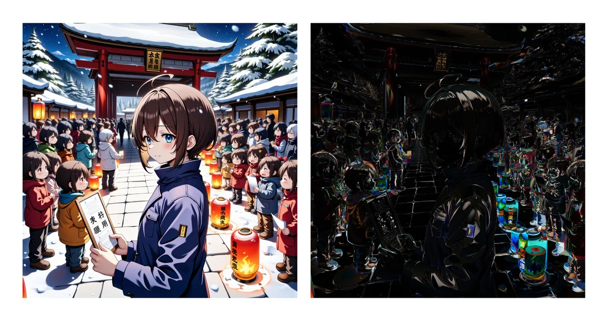 Animated illustration of a woman with brown hair and blue eyes visiting a shrine with an omochidashi in front of many children Q5_K_M.gguf format