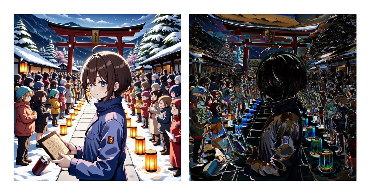 Animated illustration of a woman with brown hair and blue eyes visiting a shrine with an omochidashi in front of many children Q4_K_M.gguf format