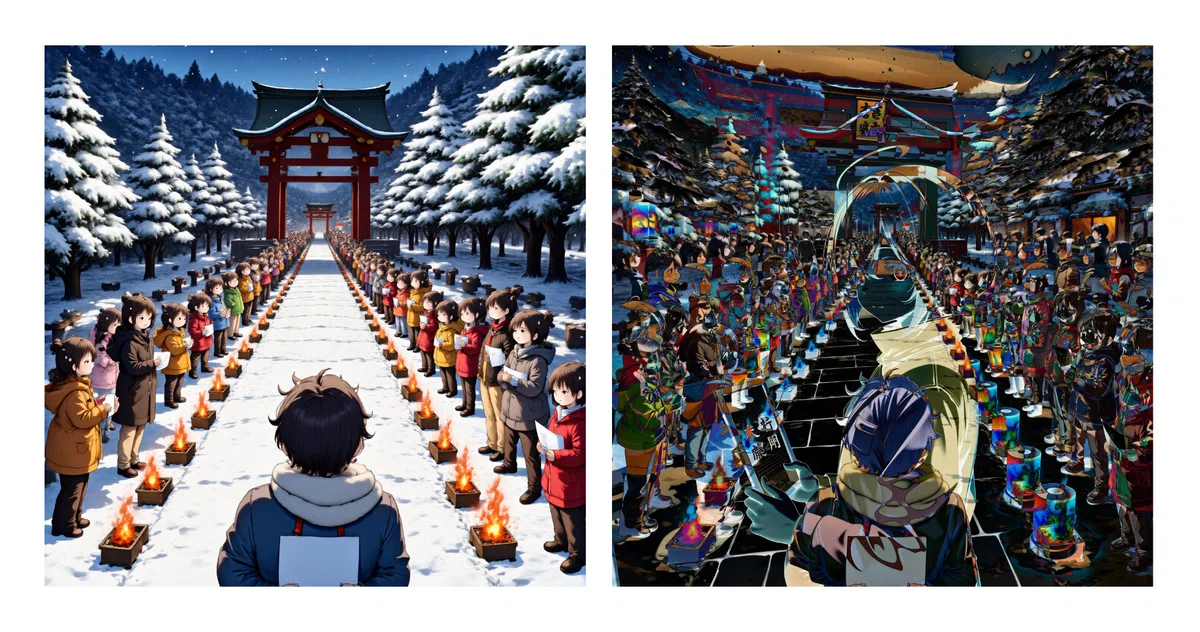 Animated illustration of a woman with brown hair and blue eyes visiting a shrine with an omochidashi in front of many children Q2_K.guf format
