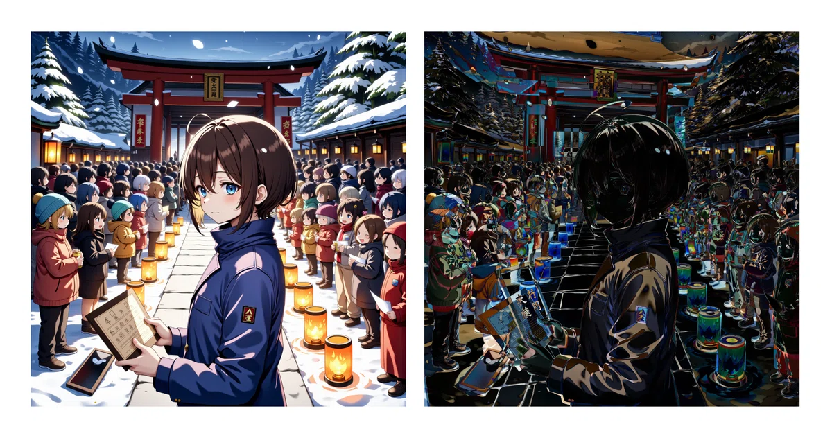 Animated illustration of a woman with brown hair and blue eyes visiting a shrine with an omochidashi in front of many children FP8e4m3 format
