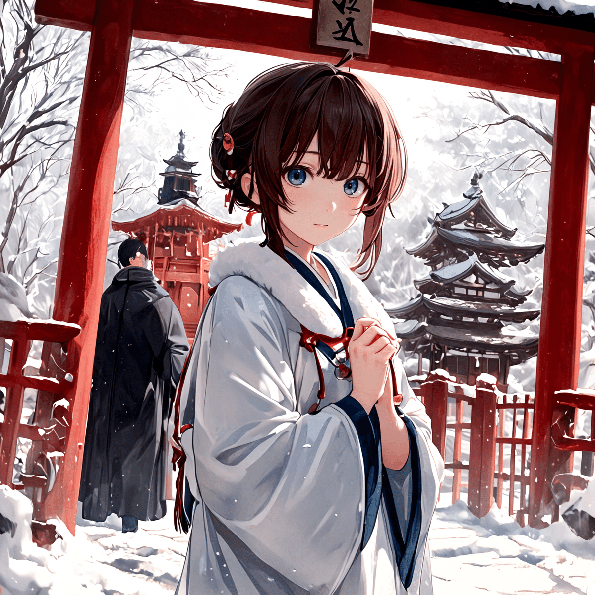 a young woman in a traditional japanese kimono stands before a red torii gate in a snowy landscape with a traditional japanese structure and a red torii gate in the background