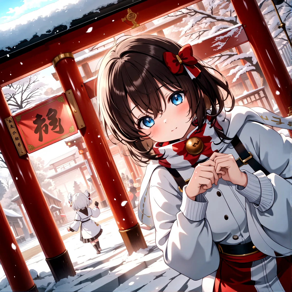 A young female character with blue eyes and brown hair wears a white and red outfit standing in front of a traditional japanese building with red torii gates surrounded by snow covered 